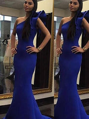 Sleeveless One-Shoulder With Ruffles Sweep/Brush Train Satin Dresses