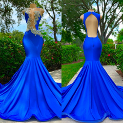 Sleeveless Royal Blue Mermaid Prom Dress with Sexy Cut Out Appliques
