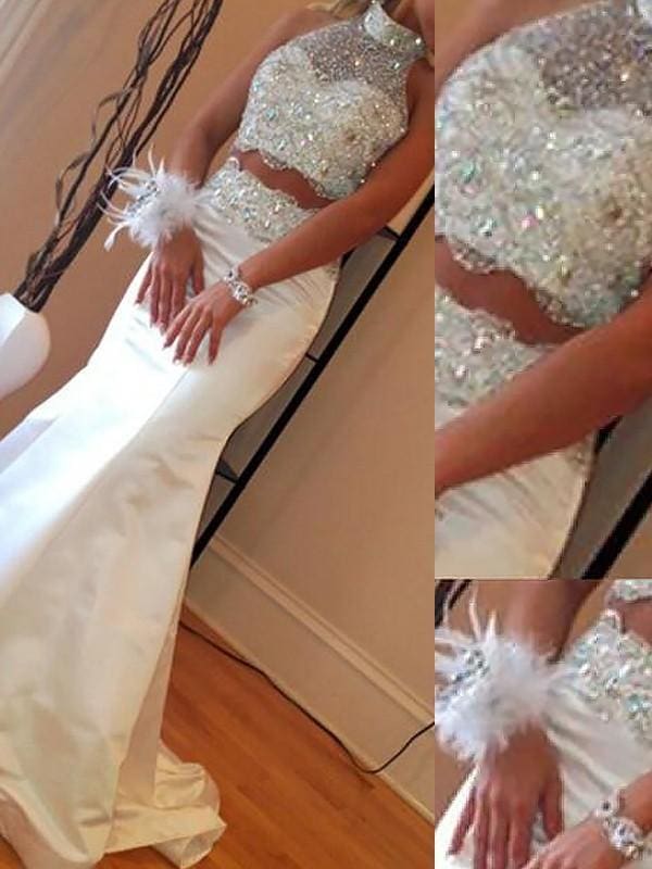 Sleeveless Satin With Beading Sweep/Brush Train Two Piece Dresses