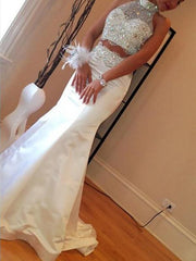 Sleeveless Satin With Beading Sweep/Brush Train Two Piece Dresses
