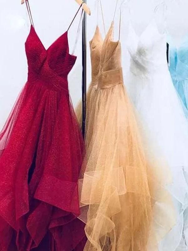 Sleeveless Spaghetti Straps Floor-Length Organza With Ruffles Dresses