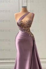 One Shoulder Purple Mermaid Prom Dress with Pleated Beading