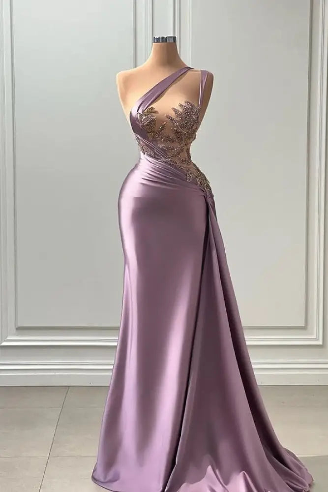 One Shoulder Purple Mermaid Prom Dress with Pleated Beading
