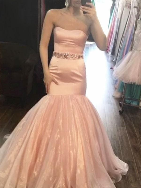 Sleeveless Strapless Sweep/Brush Train With Beading Satin Dresses