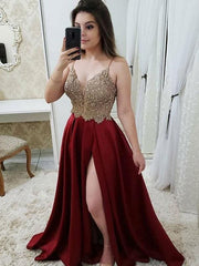 Sleeveless Straps Floor-Length A-line With Beading Satin Dresses