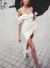 Off-The-Shoulder Sleeveless Floor-Length Silk Like Satin Wedding Dresses With Split Front