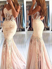 Sleeveless Sweetheart Tulle With Lace Sweep/Brush Train Dresses