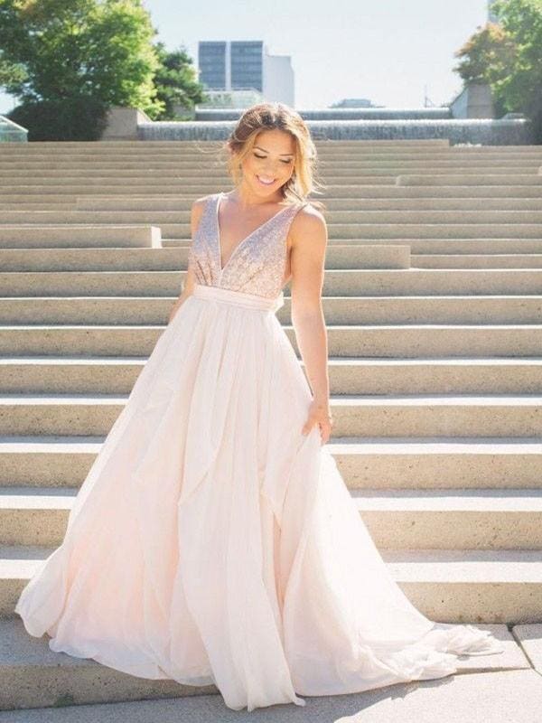 Sleeveless V-Neck A-line Tulle Formal Dresses with Sequin