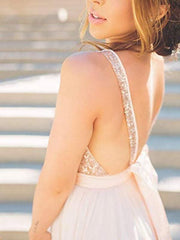 Sleeveless V-Neck A-line Tulle Formal Dresses with Sequin