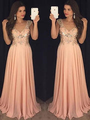 Sleeveless V-Neck Chiffon A-line Paillette Floor-Length Dresses