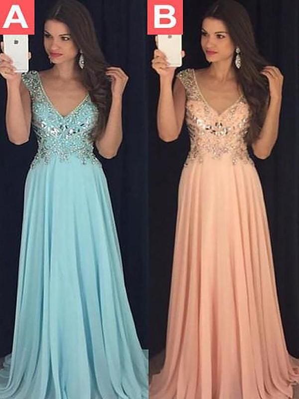 Sleeveless V-Neck Chiffon A-line Paillette Floor-Length Dresses