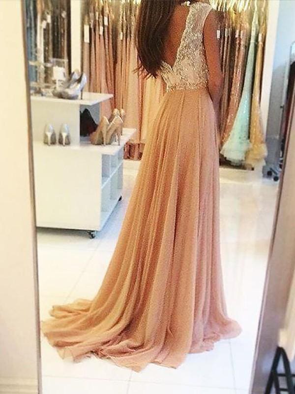 Sleeveless V-Neck Chiffon With Beading Sweep/Brush Train Dresses