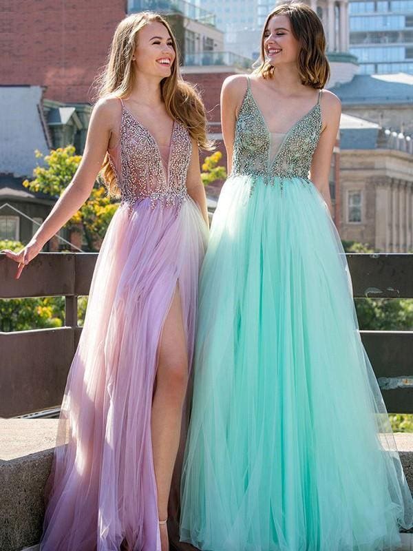 Sleeveless V-Neck Floor-Length A-line With Beading Tulle Dresses