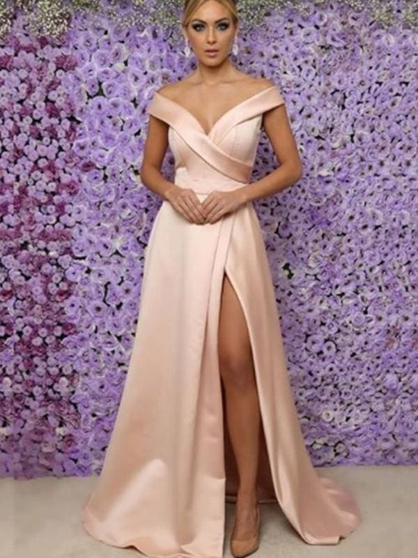 Sleeveless V-Neck Floor-Length A-line With Ruffles Satin Prom Dresses