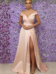 Sleeveless V-Neck Floor-Length A-line With Ruffles Satin Prom Dresses