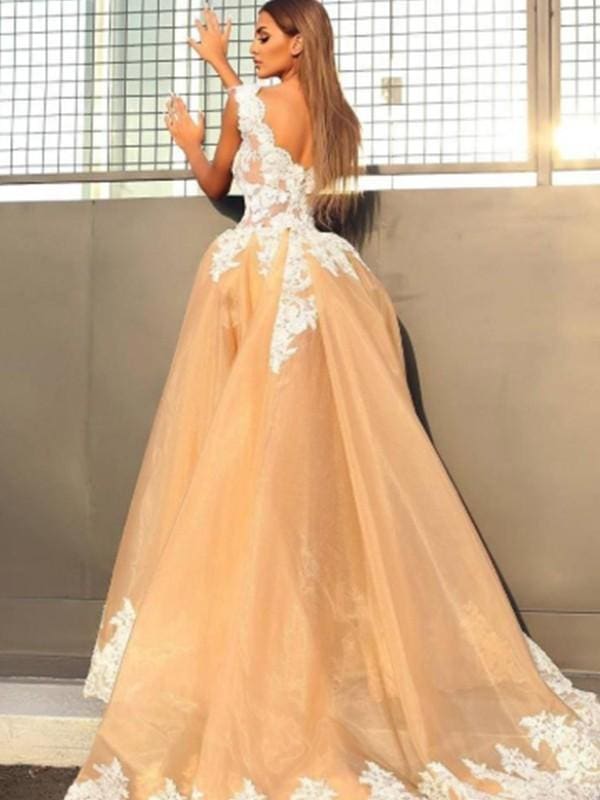 Sleeveless V-Neck Sweep/Brush A-line Train Lace Organza Dresses