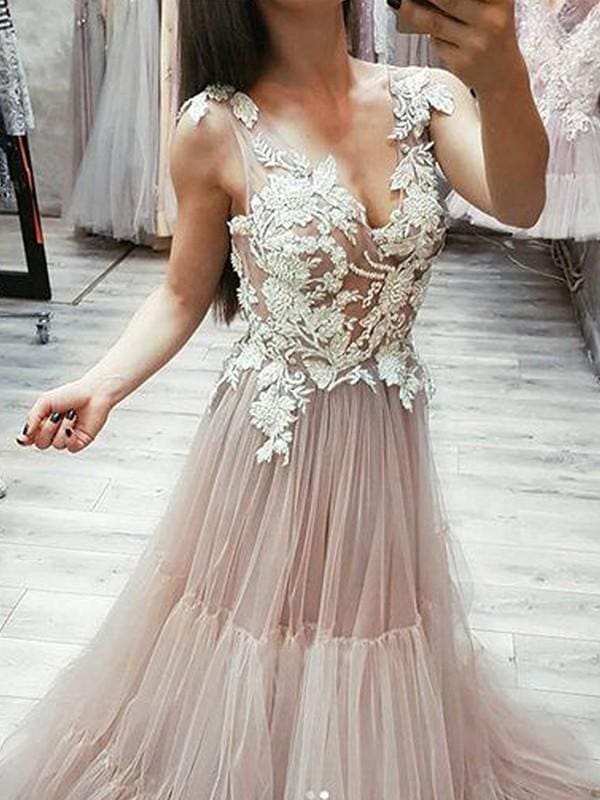 Sleeveless V-Neck Sweep/Brush A-line Train With Applique Tulle Dresses