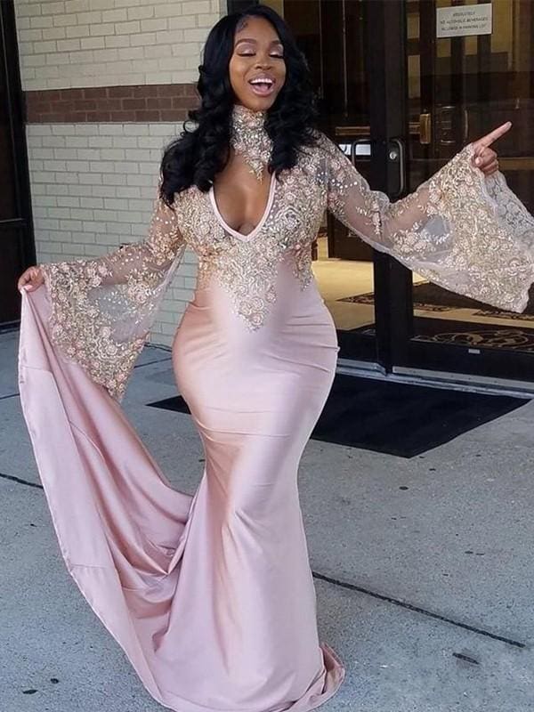 Sleeves High Neck Chapel Train With Applique Silk Like Satin Dresses