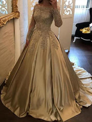 Off-the-Shoulder Ball Gown Prom Dress with Appliqué Long Sleeve Satin Evening Gown