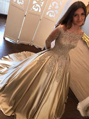 Off-the-Shoulder Ball Gown Prom Dress with Appliqué Long Sleeve Satin Evening Gown