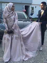 Sleeves Scoop Sweep/Brush Train With Applique Tulle Muslim Dresses