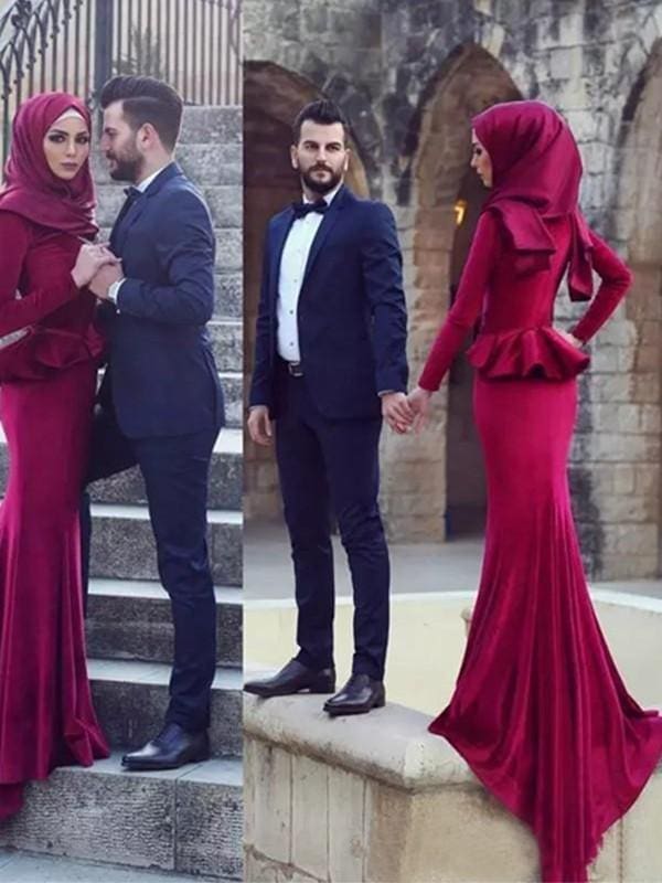 Sleeves Scoop Sweep/Brush Train With Ruffles Velvet Muslim Dresses
