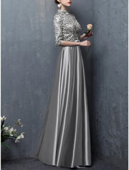 A-Line Mother of the Bride Dress Wedding Guest Elegant Vintage High Neck Floor Length Satin Half Sleeve with Bow(s) Appliques