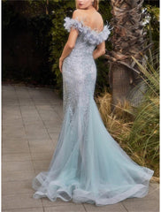 Mermaid / Trumpet Prom Dresses Sparkle Dress Graduation Prom Sweep / Brush Train Sleeveless Off Shoulder Organza with Rhinestone Feather Glitter