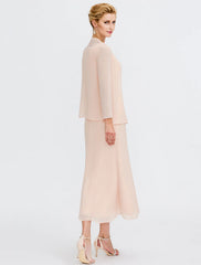 Aimishang  Two Piece Sheath / Column Mother of the Bride Dress Wedding Guest Plus Size Elegant with Jacket Long Sleeve Scoop Neck Tea Length Chiffon Sash / Ribbon Pleats Beadin