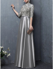 A-Line Mother of the Bride Dress Wedding Guest Elegant Vintage High Neck Floor Length Satin Half Sleeve with Bow(s) Appliques