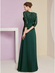 Aimishang  A-Line Mother of the Bride Dress Wedding Guest Elegant Scoop Neck Floor Length Stretch Chiffon 3/4 Length Sleeve with Lace Sequin Ruching