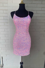 Hot Pink Sequin Lace-Up Mini Cocktail Dress