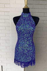 Black Sequins Halter Tassel Mini Party Dress