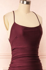 Burgundy Prom Dresses, Sheath/Column Scoop Neck Silk-like Satin Floor-length Ruffles Bridesmaid Dresses