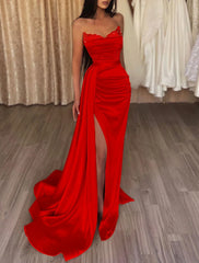 DingjiMermaid Ruched Evening Gown Satin Dress Cocktail Party Prom Court Train Sleeveless Strapless Bridesmaid Dress with Beading Sequin Pure Color