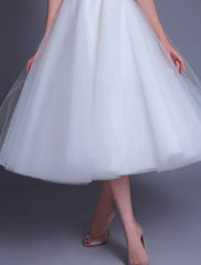 Bridal Shower Little White Dresses Casual Wedding Dresses A-Line Sweetheart Regular Straps Tea Length Lace Bridal Gowns With Sash / Ribbon