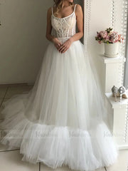 Spaghetti Strap Beaded Fluffy Tulle Boho Wedding Dresses 2019 VW1339