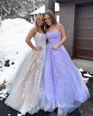Spaghetti Strap Lace Long Prom Dresses Lace-Up Back FD1265B