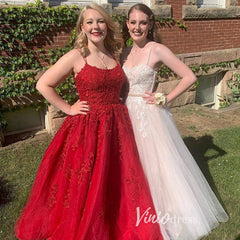 Spaghetti Strap Lace Long Prom Dresses Lace-Up Back FD1265B