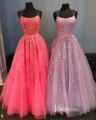 Spaghetti Strap Lace Long Prom Dresses Lace-Up Back FD1265B