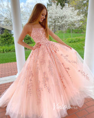Spaghetti Strap Lace Long Prom Dresses Lace-Up Back FD1265B