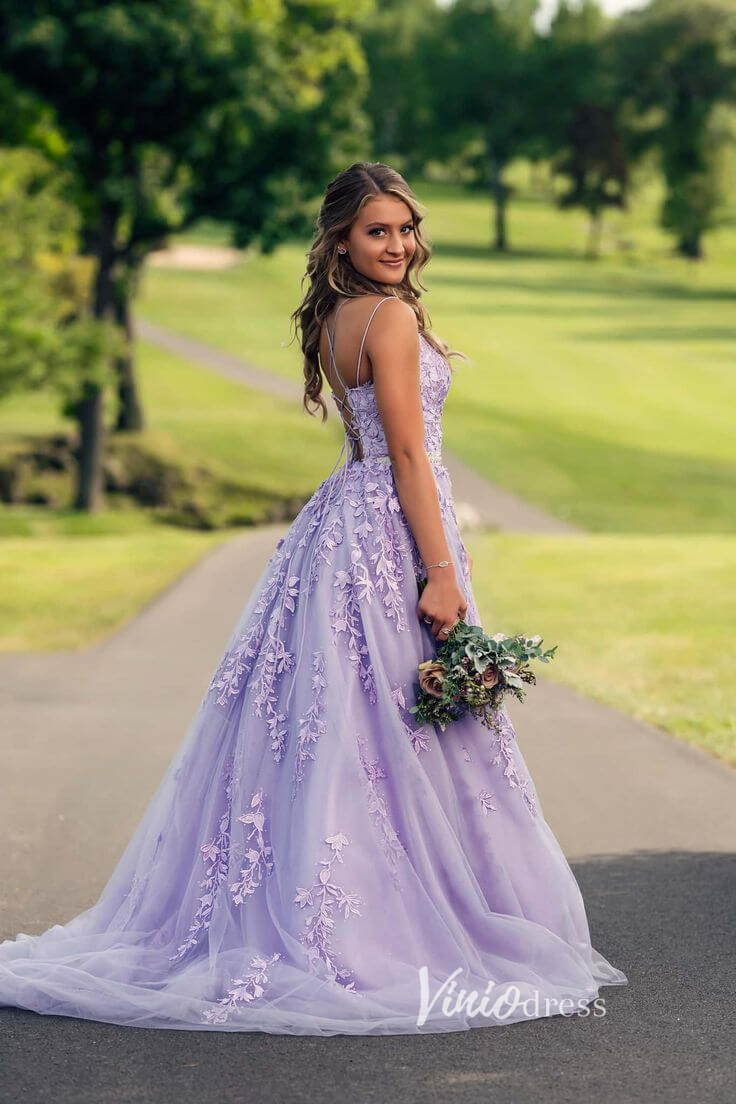 Spaghetti Strap Lace Long Prom Dresses Lace-Up Back FD1265B