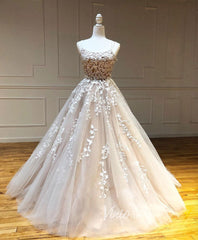 Spaghetti Strap Lace Long Prom Dresses Lace-Up Back FD1265B