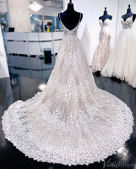 Spaghetti Strap Lace Wedding Dresses with Slit V-Neck Bridal Gown VW2166