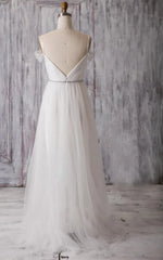 Spaghetti Strap Long A-Line Tulle Wedding Dress with Crisscross Ruching