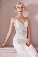 Cinderella Divine J825W Spaghetti Strap Long Lace Wedding Dress