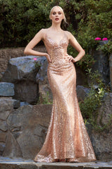 Cinderella Divine CH235 Spaghetti Strap Long Prom Sequin Dress