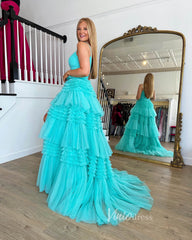 Spaghetti Strap Tiered Ruffle Prom Dresses 2024 Sparkly Tulle Formal Dresses FD2993