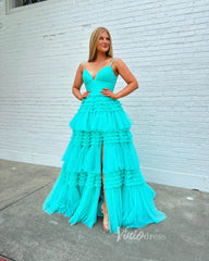 Spaghetti Strap Tiered Ruffle Prom Dresses 2024 Sparkly Tulle Formal Dresses FD2993