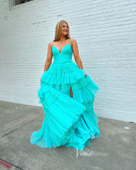 Spaghetti Strap Tiered Ruffle Prom Dresses 2024 Sparkly Tulle Formal Dresses FD2993